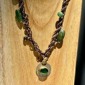 Handmade Vintage Brass Chain with Green Serpentine Stone and Kuchi Green Charm